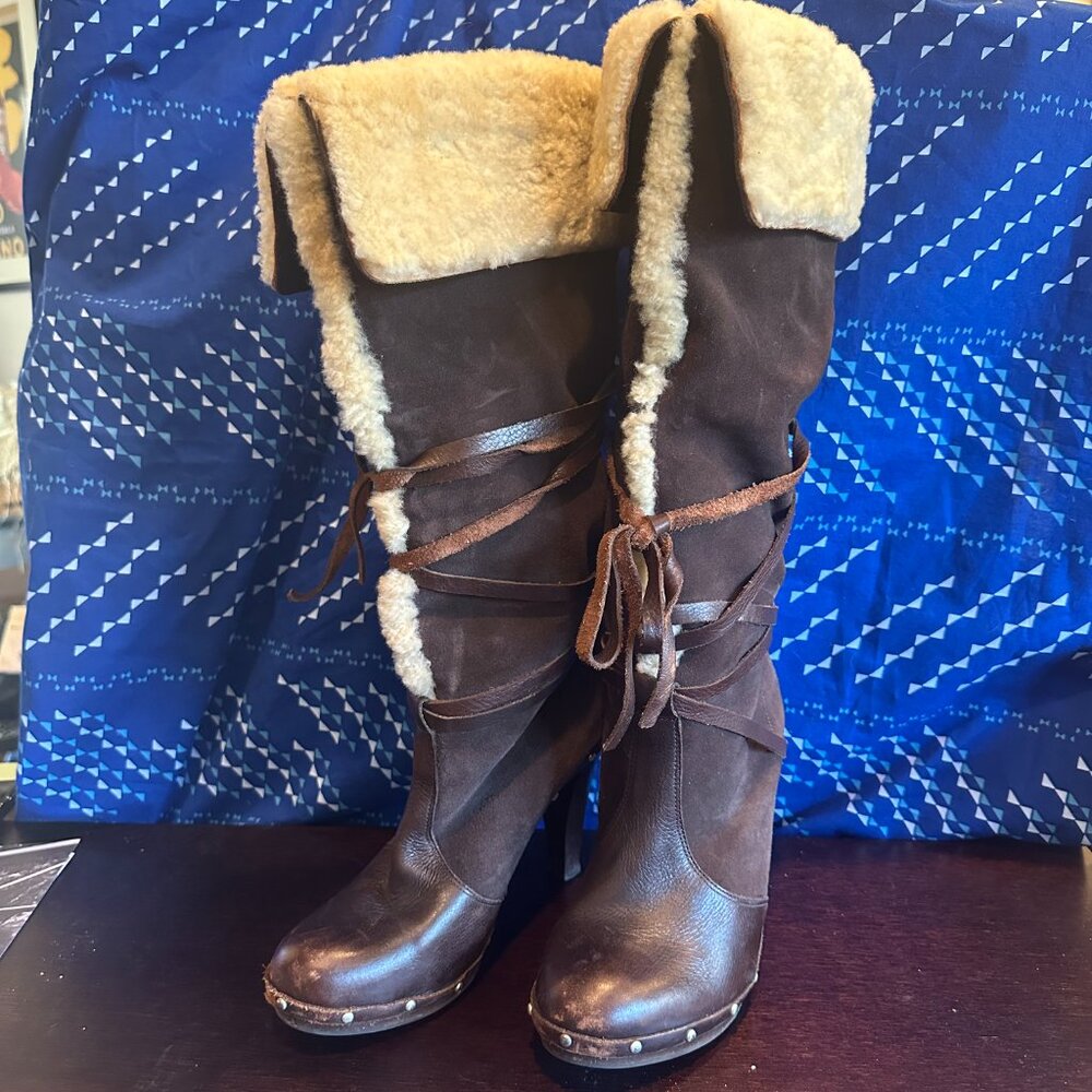 Michael Kors Shearling Clog Leather Boots Rare Choc brown Size 8